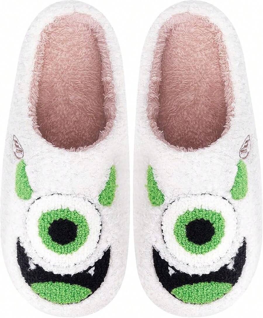 Cozy Plush Halloween Pumpkin Slippers, Non-Slip Fluffy Design - White Green - View 1