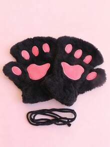 8-16Y Cat Claw Gloves Plush Half Finger Bear Paw Fingerless Gloves Cute Girl Thick Fleece Halter Neck Gloves Cartoon Warm Hands - Multicolor - View 11