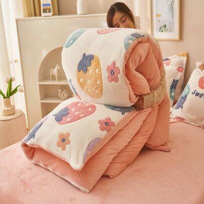 1pc Snowflake Fleece Floral & Cartoon Print Pink Duvet Cover, Warm & Soft For Bedroom Bedding, Suitable For Spring, Autumn & Winter (Duvet Insert Not Included)