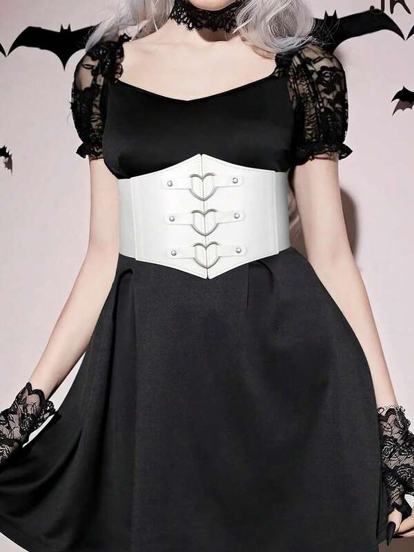 1pc Women's White Renaissance Style Heart Buckle Decor Fashion Wide Waist Belt, Suitable For Halloween Party Or Daily Outfit Accessory