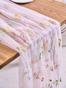 1pc Light Green Floral Embroidered Lace Table Runner, American Farmhouse Style Transparent Tulle Rectangular Tablecloth, Suitable For Weddings, Hotels, Daily Use, Holidays, Birthday Parties, Family Dinners, All Seasons