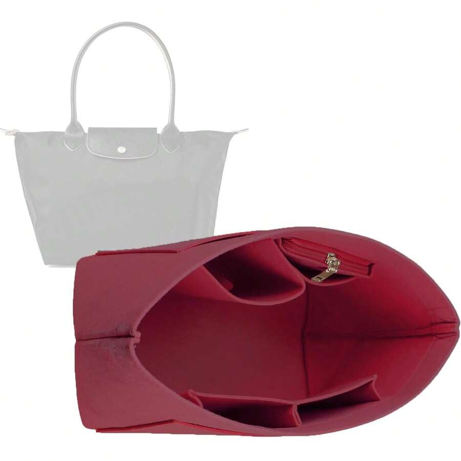 手提包收纳内胆，多口袋毛毡托特包收纳内胆，拉链收纳袋内胆，秋季酒红色