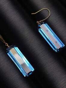 1pc High-End Swiss Blue Topaz Blue Crystal Rectangular Drop Earrings, Slimming Face Design, Suitable For Women's Daily, Banquet, Party Wear, Girlfriend Gift