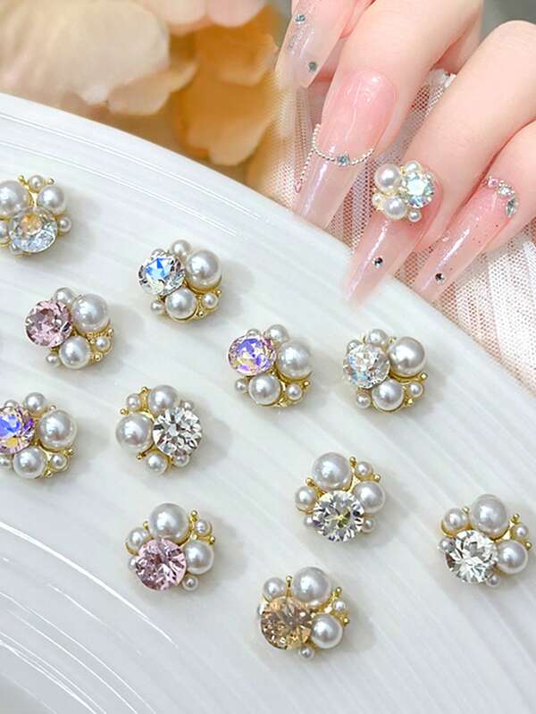 10/30件装日式钻石美甲饰品 - 闪亮水晶珍珠叠戴美甲装饰，奢华3D美甲宝石，适用于按压式美甲，高级美甲沙龙配件及用品