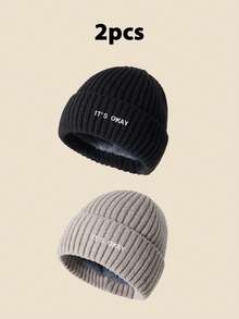 1pc Unisex "IT's OKAY" Embroidered Solid Color Knit Beanie, Men's Winter Thermal Lined Warm Cuffed Hat, Soft & Comfortable, Minimalist & Fashionable, Suitable For Cold Weather Winter Clothing - A - View 10