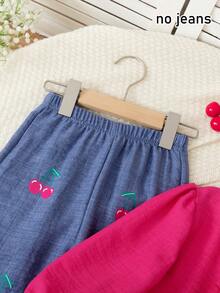 [Không phải denim] Bộ 2 áo cardigan cổ tròn màu trơn đơn giản cho bé gái kèm quần ống đứng in họa tiết trái cây, thích hợp mặc hàng ngày, ở nhà, ngoài trời, xuân/thu - Hồng - Xem 4