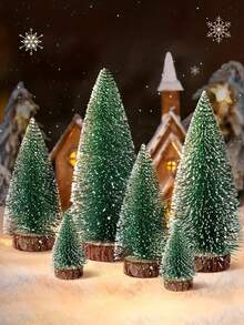 Un set de mini brazi de Crăciun verzi, pini artificiali înghețați, cu baze din lemn, potriviți pentru decorațiuni de Crăciun pentru birou, ideali pentru case, birouri, ținuturi de iarnă, sărbători, petreceri, meșteșuguri DIY, perfecți pentru petreceri de Crăciun și decorațiuni interioare.