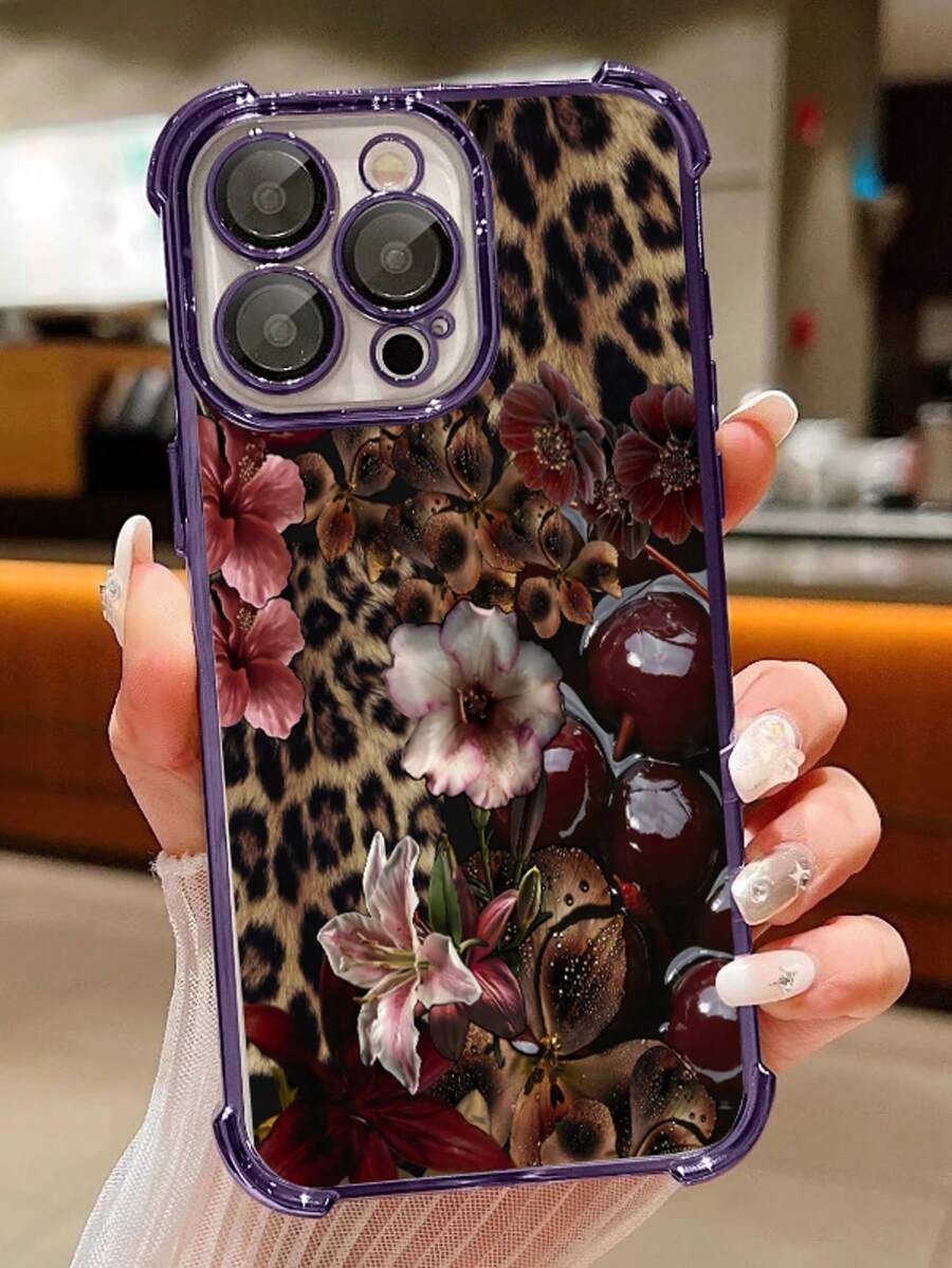 1pc Leopard Cherry Flowers Compatible With Apple Phone17/16/15/14/13/12/11/ProMax/Pro/Plus/Xs Max/XS/X,Four Corner Anti Fall Transparent Soft Shell Anti-Slip, Anti-Drop, Camera Lens Protection, Silicone Anti Wear Phone Case - 深紫色 - 查看 1