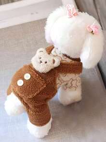 1pc Solid Color Pet Jumpsuit, Cute Plush Design, Dog/Cat Clothes, Autumn/Winter Thermal Lined Warm Overalls With Snap Buttons, Suitable For Dogs And Cats - Coffee Brown - View 2