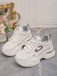 Women's Solid Color Thick Sole Sneakers With Front Tie Closure, Outdoor Tennis Shoes With Mesh Detailing, Khaki