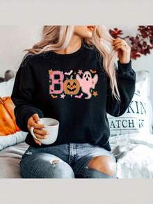 BOO Halloween Crewneck Sweatshirt, Halloween Sweater, Boo Shirt, Pumpkin Halloween Shirt, Happy Halloween, Spooky Vibes Tshirt, (2) - Black - View 1