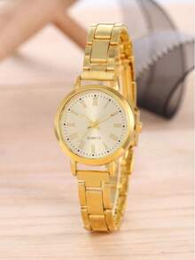 2 piezas Conjunto de relojes de cuarzo de moda para mujer - Correa de acero inoxidable, diseño minimalista elegante, reloj de pulsera con esfera pequeña y movimiento de cuarzo preciso - Dorado - Ver 4