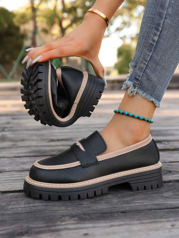 Women's Color Block Patchwork Casual Buckle Decor Platform Slip-On Loafers, Retro British Style Office Commute Round Toe Soft Bottom Mid-Heel Shoes
