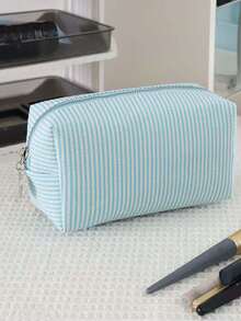 1pc Striped Makeup Storage Bag, Fashionable Striped Storage Bag, Large-Capacity Stationery Storage Pencil Case, Zipper Storage Makeup Bag, Convenient Toiletries Storage Bag, Dressing Table Makeup Brush Storage Bag