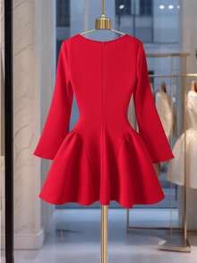2026 Elegant Solid Color Backless Zipper Bow Tie Dress, Fashion Versatile, Suitable For Dates, Autumn/Winter, New Year, Valentine's Day, Available In Red, Pink, Black Spring - Red - View 3