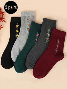 5 Pairs Vintage Style Socks For Women, Minimalist Floral Pattern Mid-Calf Socks, Comfortable & Loose Fit, Suitable For Daily, Casual, Sports, Gifts, All Seasons