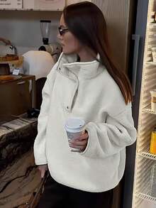 Women's Loose Elegant Casual Slouchy Stand Collar Sweatshirt Top, Autumn/Winter - Beige - View 2