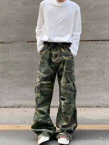 American Retro Distressed Patch Fabric Large Pocket Green Camouflage Work Pants Men's And Women's Micro Flared Loose Straight Leg Jeans New Style