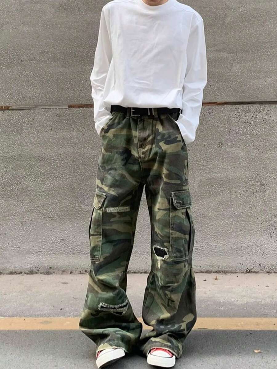 American Retro Distressed Patch Fabric Large Pocket Green Camouflage Work Pants Men's And Women's Micro Flared Loose Straight Leg Jeans New Style