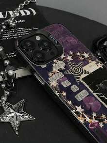 1pc Gothic Style Pattern Large Hole Design IMD Colorblock Black Cat & Slogan Star Floral Print Shock-Resistant Phone Case, Compatible With Apple IPhone7/X/11/12/13/14/15/16/16PRO/16PROMAX Series Waterproof Anti-Fall Scratch Resistant - 透黑 - 查看 2