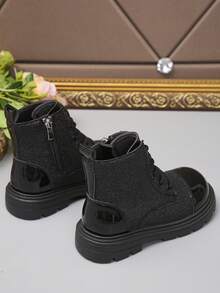 1 par de botas unisex para niños con diseño de piel brillante y parches, botas cálidas para exteriores, botas casuales para niños pequeños, botas para todas las estaciones
