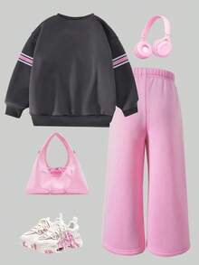 青少年女孩数字印花保暖圆领运动衫和裤子套装 - 黑色 - 查看 2