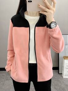 女士户外抓绒外套，立领，修身，加厚，保暖，适合徒步、运动、秋冬季、滑雪 - 粉色 - 查看 3