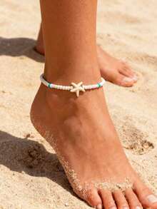 Minimalist Bohemian Style Beaded Shell & Starfish Anklet, Summer Beach Ocean Themed White Bead Ankle Jewelry, Suitable For Daily Wear