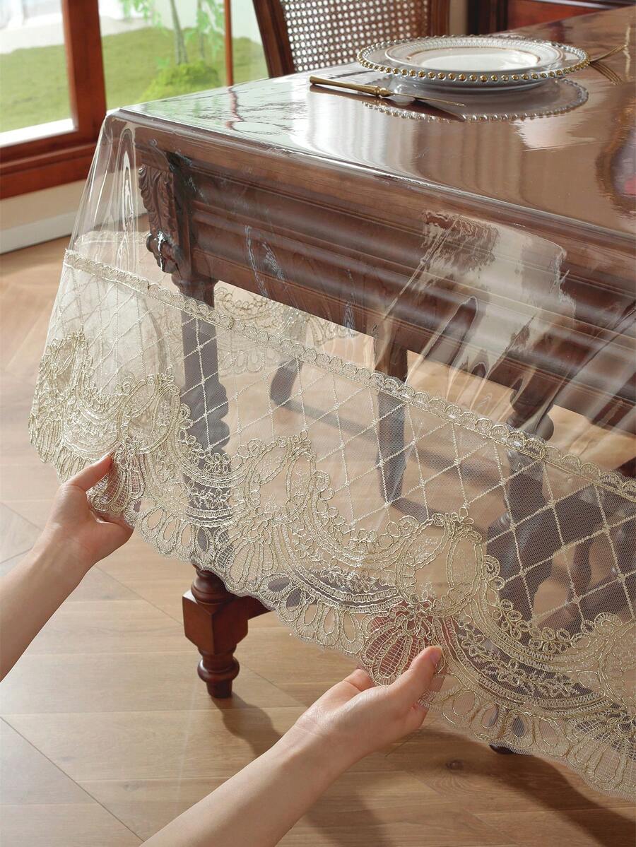 1件防水奢华欧式刺绣蕾丝边桌布 - PVC蕾丝混纺长方形桌布，防油，适合节日派对和庆典，简约浪漫的桌面装饰，适用于客厅、厨房、卧室和酒店。 - 金色 - 查看 1