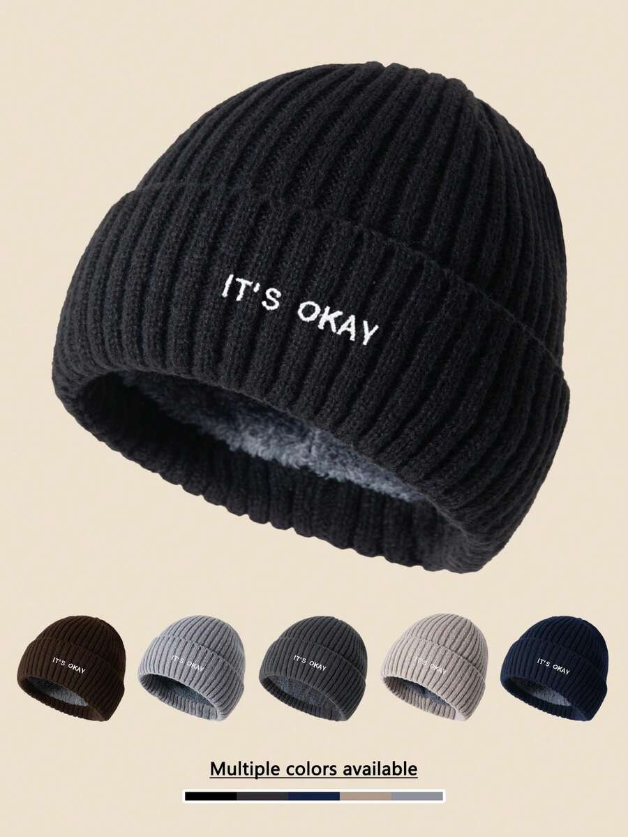 1pc Unisex "IT's OKAY" Embroidered Solid Color Knit Beanie, Men's Winter Thermal Lined Warm Cuffed Hat, Soft & Comfortable, Minimalist & Fashionable, Suitable For Cold Weather Winter Clothing - A - View 1