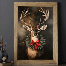 1 pièce Peinture sur canevas sans cadre avec un cerf de Noël et un nœud rouge festif. Décoration murale saisonnière pour la chambre, le salon, le bureau, le café, le bar, la salle de classe, le couloir. Idéal pour les cadeaux d'anniversaire, de Noël, de la Saint-Valentin