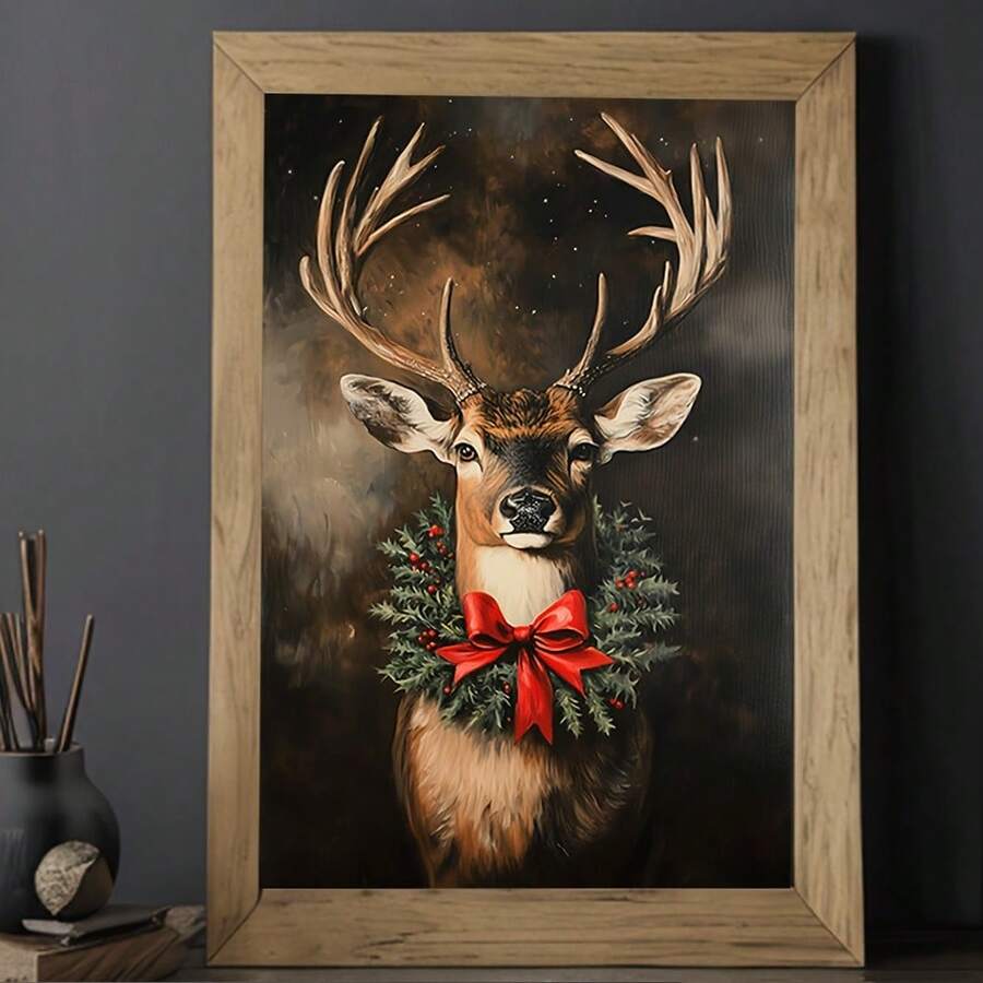 1 pièce Peinture sur canevas sans cadre avec un cerf de Noël et un nœud rouge festif. Décoration murale saisonnière pour la chambre, le salon, le bureau, le café, le bar, la salle de classe, le couloir. Idéal pour les cadeaux d'anniversaire, de Noël, de la Saint-Valentin