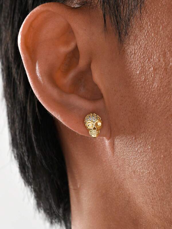 1 par de brincos de caveira com zircônia incrustada em cobre, personalizados e modernos para homens, versáteis para o dia a dia, casual e para o deslocamento diário