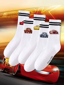 5/1 Pair Disney Men's Mid-Calf Socks, Black With Double Stripes And Car Pattern, Sports Socks - White - View 3