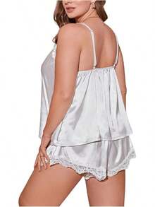 Women's Plus Size 2 Piece Pajama Satin Lace Trim Cami And Shorts Sleepwear Sethalloween - 白色 - 查看 9