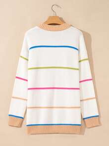 Acelitt Cardigan ample décontracté sans bouton, patchwork de rayures multicolores pour l'automne et l'hiver - Blanc - Voir 3