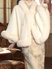 1 Áo choàng ngoài cổ lông chồn giả, Áo khoác len cardigan phong cách cổ điển thanh lịch, Phù hợp mặc sườn xám, đám cưới, Thu/Đông - Nhiều màu - Xem 2