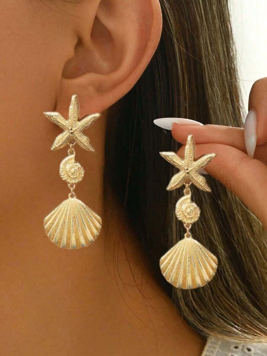 1 Pair Asymmetrical Shell & Starfish Earrings For Women, Fashion Exaggerated Metal Design, Versatile Beach Vacation Jewelry, Chic Summer Statement Accessory For Daily Wear, Party, Holiday Or Gift Idea For Girls, Teens & Ladies - Vàng - Xem 1