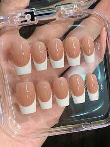 10pcs Classic French Nude Color Nail Stickers, Handmade Y2K Style Nail Stickers, Nail Wraps, Press-On Nails Nail Supplies - White - View 2