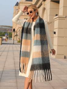 1pc Women's Autumn/Winter New Plaid Faux Cashmere Chunky Knit Tassel Scarf, Extra Long Thick Warm Fashionable Street Style Soft Comfortable Shawl, Suitable For Travel And Daily Use - Multicolor - View 2