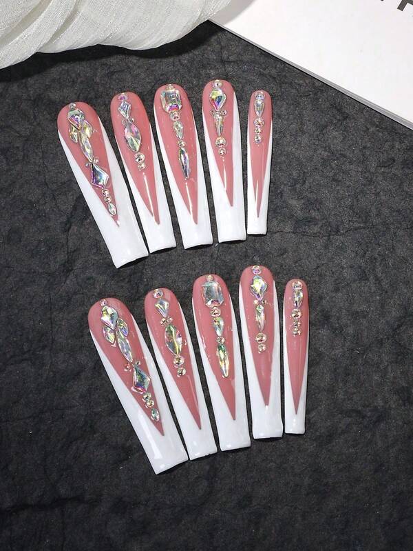 10 szt. Y2K, bardzo długie paznokcie, wielokolorowe, francuskie, zaprasowywane, pełne pokrycie, sztuczne paznokcie, ręcznie robione, zaprasowywane paznokcie z błyszczącymi kryształkami 3D, zestaw do zdobienia paznokci akrylowych z wzorami, idealnie dopasowane i naturalne, wielokrotnego użytku, 1 szt. żel żelowy/1 szt. mini paski polerujące, odpinany zestaw zaprasowywanych paznokci, odpowiednie dla kobiet i dziewcząt na przyjęcia świąteczne i do codziennego użytku, produkty do paznokci