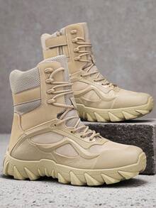 男士登山靴2025新款厚底防滑耐磨高帮圆头系带舒适男士高帮牛皮网布透气舒适男靴，男士户外摩托车骑行鞋，舒适男靴，尺码最大可达47