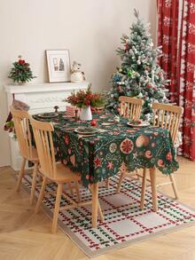1 pieza Mantel navideño con estampado y relieve, cubierta de mesa de poliéster con tema navideño y adorno de encaje para sala de estar, dormitorio, cocina, decoración navideña