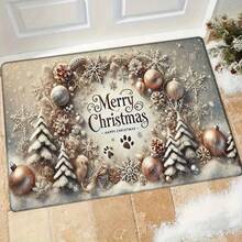1pc Merry Christmas Flannel 2D Pattern Printing Doormat, Washable, Non-Slip Rectangular Mat With Cedar Tree And Ornament Design, Suitable For Entryway, Kitchen, Living Room, Bedroom, Bathroom - Holiday Home Decor, Christmas Decoration. Actual Item Is Smaller Than Picture. May Be Certain Color Difference.