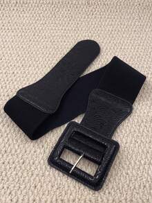 Women's Square Buckle Belted Dress, Fashionable PU Waistband, Suitable For Daily Wear - Embossed Black - View 22