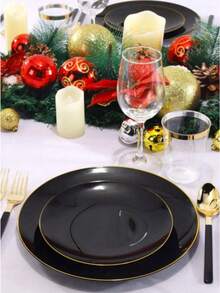 1/25件套可重复使用水果盘套装，金边，适合家庭聚会、派对、户外活动、团队活动、烹饪、圣诞节和其他场合 - 黑色 - 查看 2