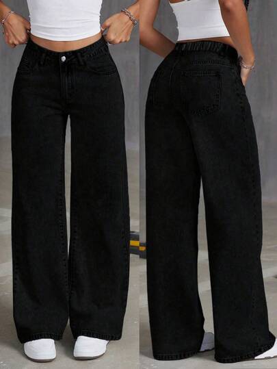 Tween Girls' Loose Fit Casual Comfortable Solid Color Straight Leg Wide Leg Jeans