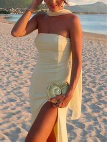 Elegant Strapless Slit Gown - Minimalist Bandage Dress With Flowing Sash, Sexy Evening Dress For Galas & Red Carpet - 黃色 - 查看 5