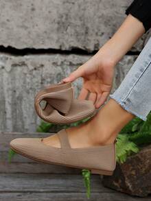 女士编织玛丽珍平底鞋，纯色方头鞋，舒适优雅针织休闲平底鞋，学生鞋，女士休闲鞋 - 卡其色 - 查看 5