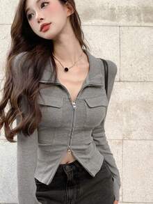 Women's Casual Versatile Minimalist V-Neck Double Zipper Long Sleeve T-Shirt Spring - Grey - View 6